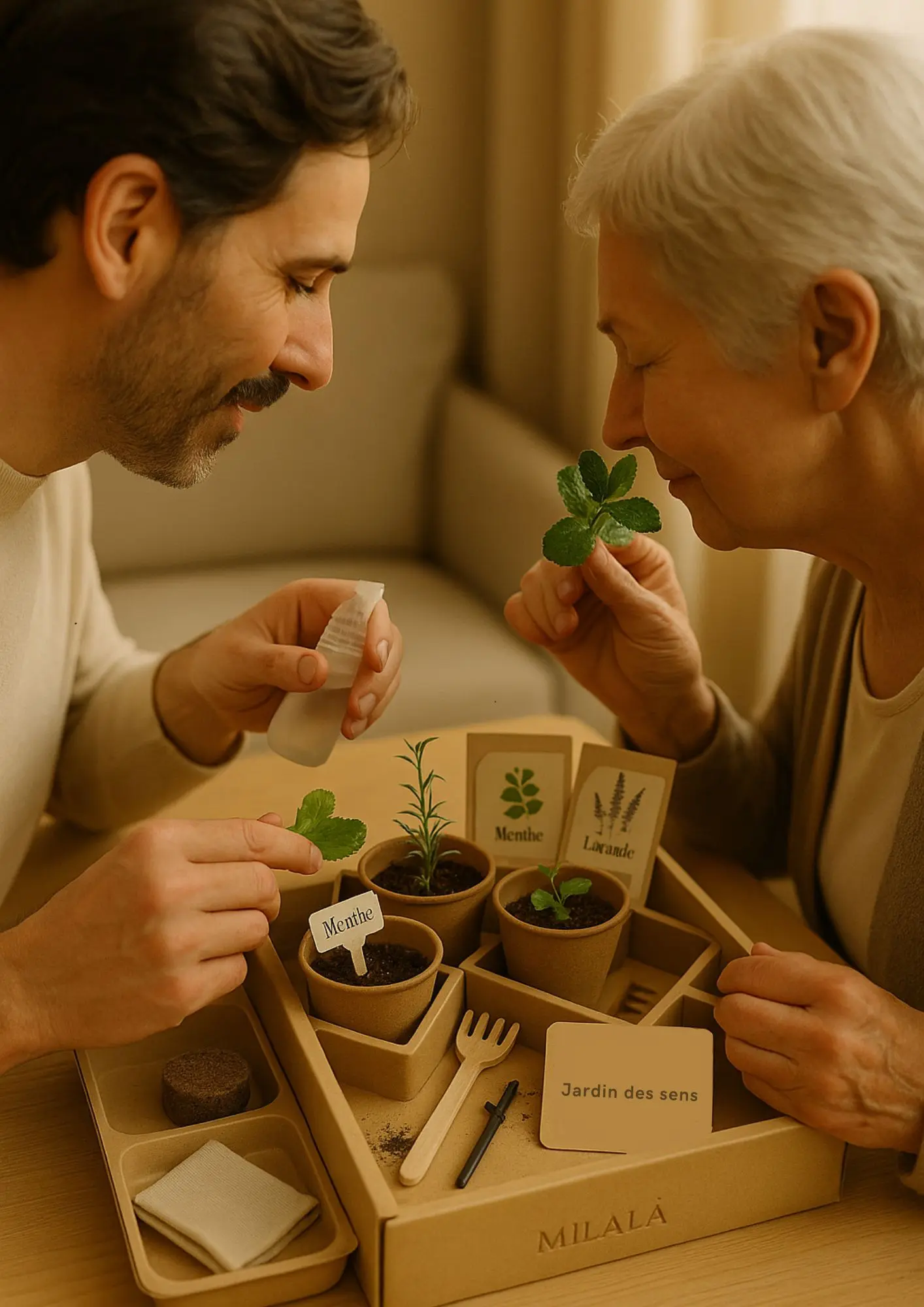 Exemple d’un kit sensoriel Milala avec objets et odeurs à explorer.